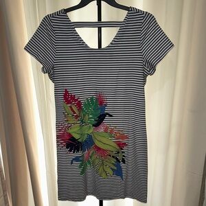 Tommy Bahama Blue and White Striped Dress with Colorful Floral Design